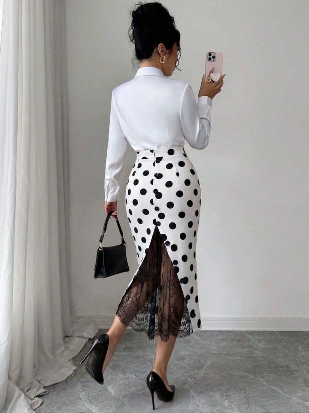 White Polka Dot Pencil Skirt with Black Lace Inset